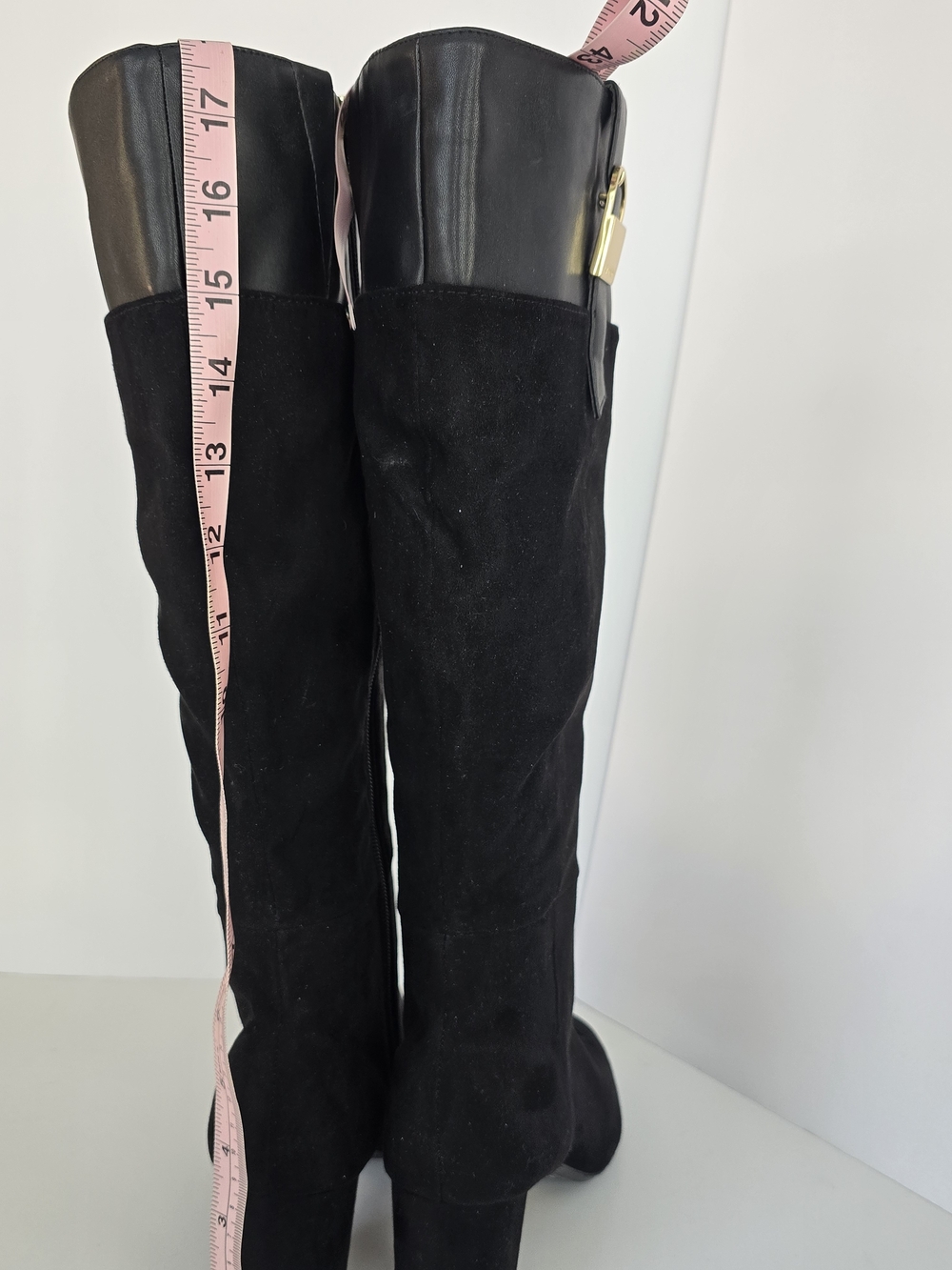 Calvin Klein Candace Black Knee-High Block Heel Boots with Gold Buckle - Picture 6 of 7